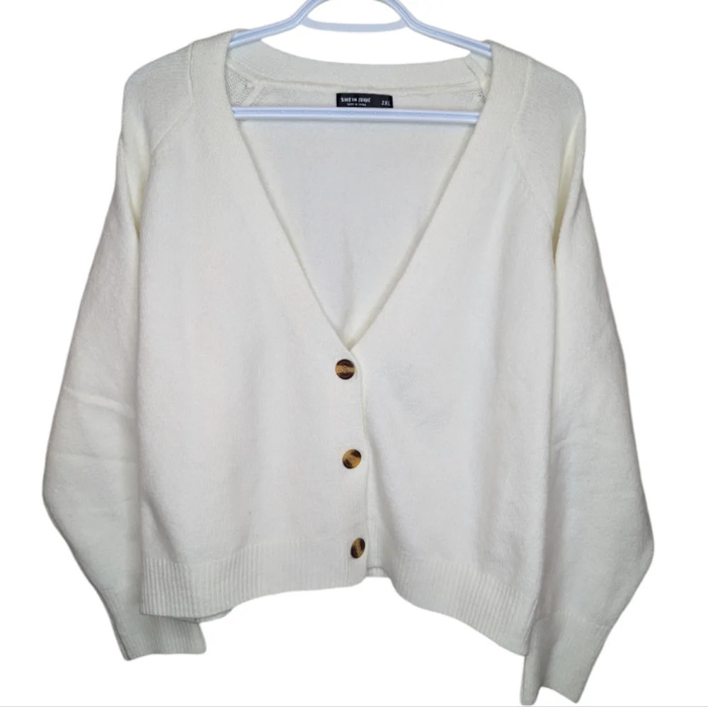 Shein Cream White Soft Knit Button Front V Neck Cardigan Plus Size 2XL Women